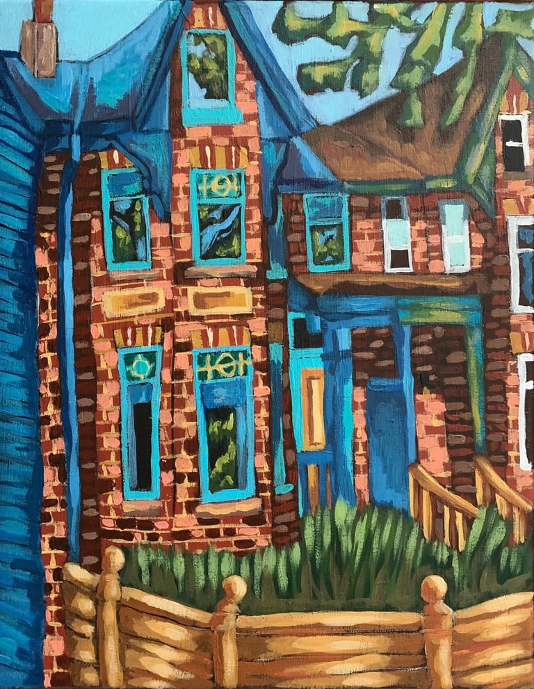 Victorian house with bright blue trim in Kensington Market Toronto acrylic on canvas