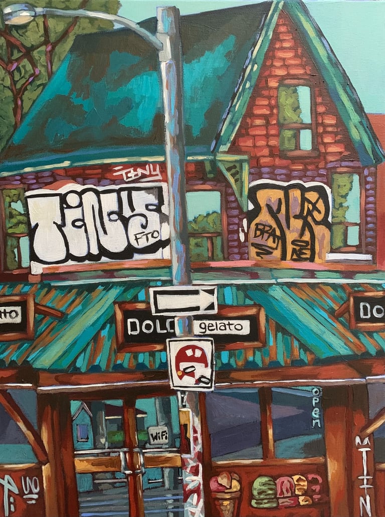 Colourful gelato shop in kensington market covered in graffiti in Toronto acrylic on canvas