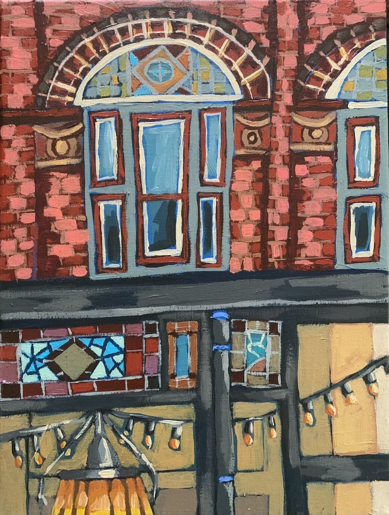 Facade of Peter Pan Restaurant with stained glass window on Queen St west acrylic on canvas