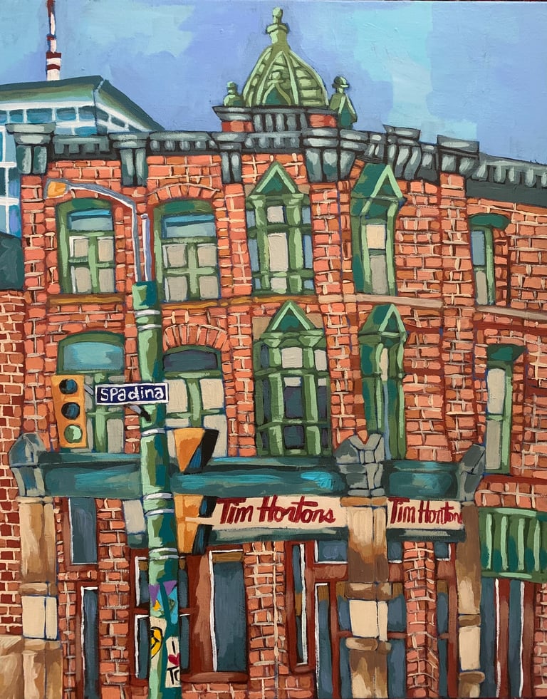Old brick building at Spadina and Queen St in Toronto with Tim Horton's acrylic on canvas