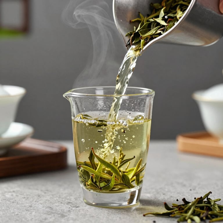 A close-up of premium loose-leaf tea being poured into a modern glass cup, steam visible, elegant and simple kitchen background.