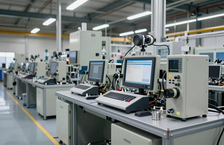 A high-tech Latin American manufacturing facility interior, clean and organized, showing systems in place for quality control. Professional and industrial environment.