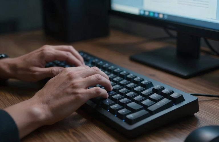 A close-up of a developer's hands typing on a mechanical keyboard in a dimly lit, professional office in Ukraine. The glow from the screen casts muted blue light on the workspace.