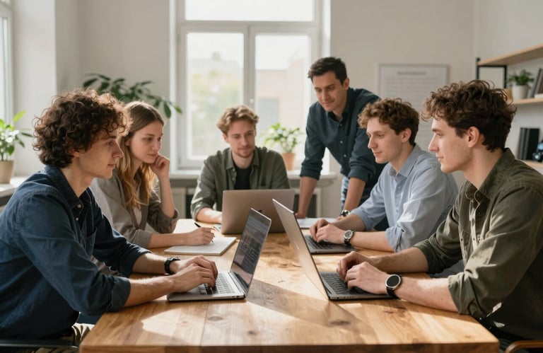 Photography of a diverse group of tech experts collaborating around a wooden table in a sun-drenched Eastern European / Ukrainian studio. Professional and approachable mood.