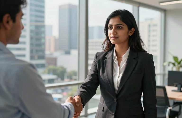 A professional South Asian woman in business attire shaking hands with a colleague in a sunlit, modern office. The background shows a blurred view of a bustling Indian business district, conveying trust and growth.