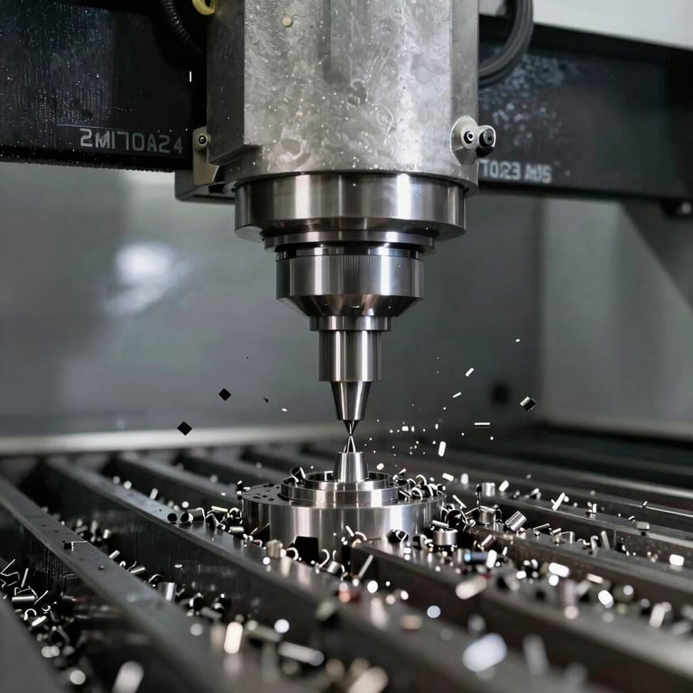 Interior view of a five-axis CNC machine during a finishing pass. Metal chips are flying in a blur of motion, captured with high-speed photography in a professional Spanish workshop.
