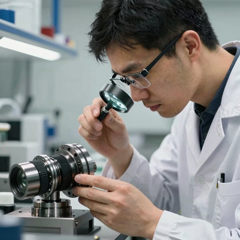 A close-up of a skilled technician in professional industrial attire inspecting a machined part with a magnifying glass in a bright European laboratory setting.
