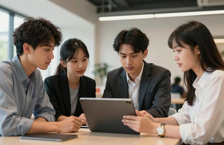 A group of young professional students in smart casual attire having a discussion around a large tablet in a bright, contemporary common area.