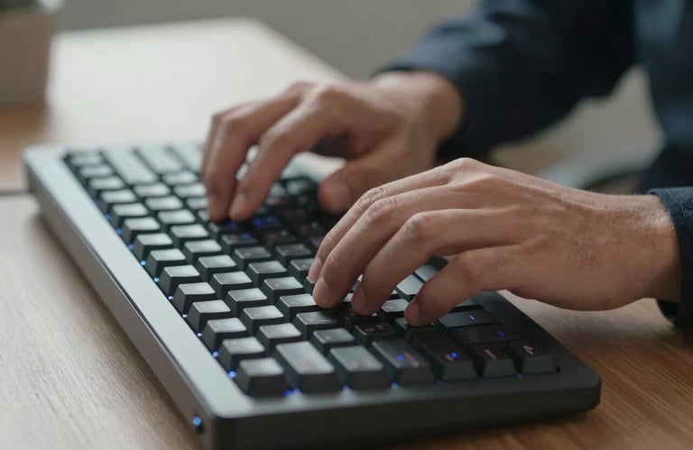 A close-up of a person's hands typing on a modern mechanical keyboard with subtle blue backlighting in a professional office setting in the US.