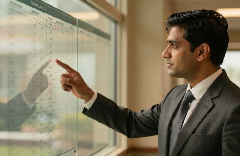 A professional South Asian analyst pointing at a glass board with sports data, dressed in sophisticated corporate attire with warm gold lighting.