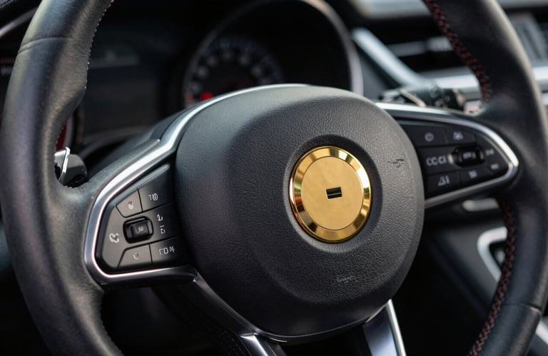 A high-performance luxury car steering wheel with a gold logo against a dark leather background, symbolizing speed and premium status.