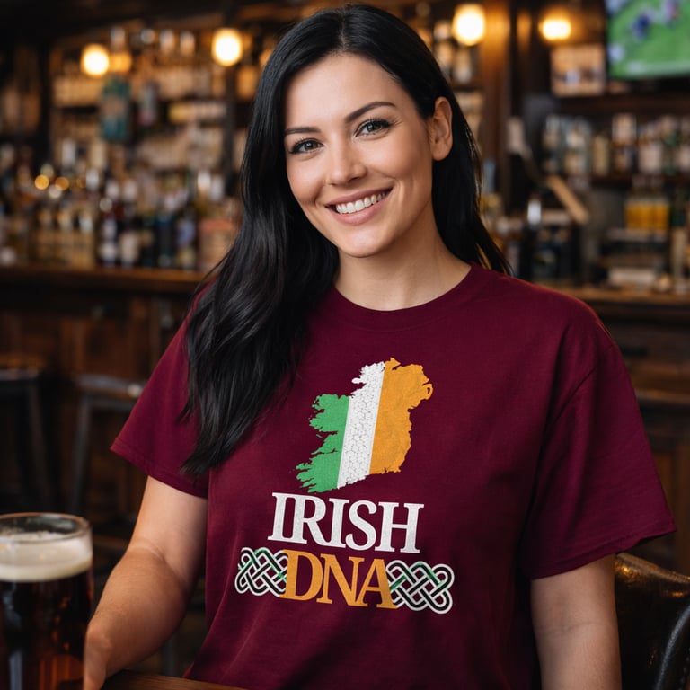 Smiling woman wearing a maroon Irish DNA t-shirt with a map of Ireland inside a pub.