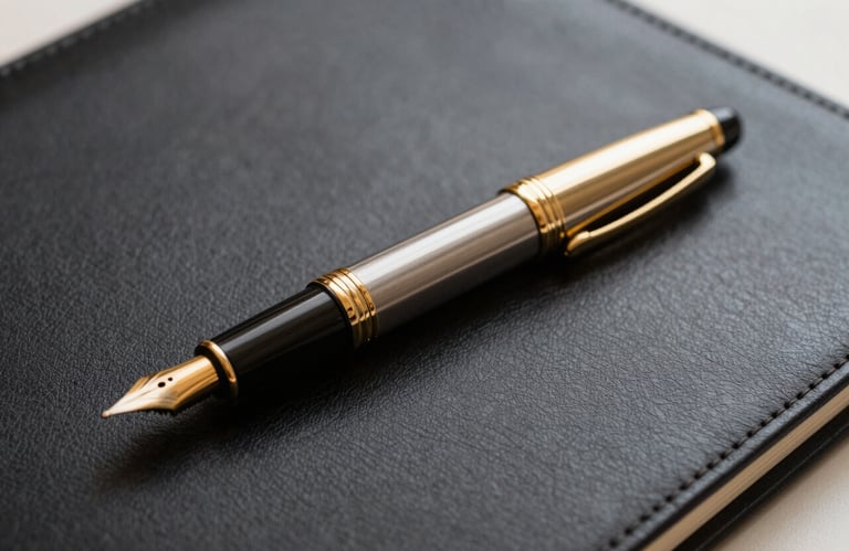 Close-up of a high-quality gold fountain pen resting on a dark leather-bound document folder. Soft lighting highlights the refined texture and sense of formal agreement.