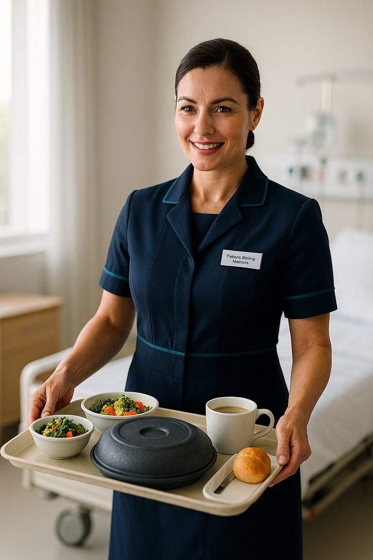 "Professional Patient Dining Hostess in navy and teal uniform delivering a meal tray in a modern hos