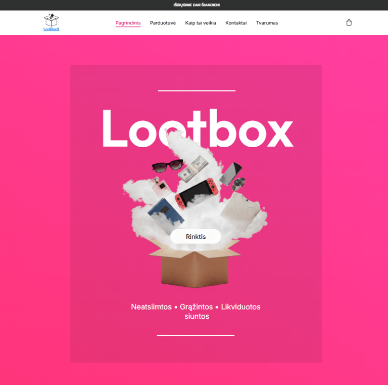 lootbox.lt website first page in bright pink