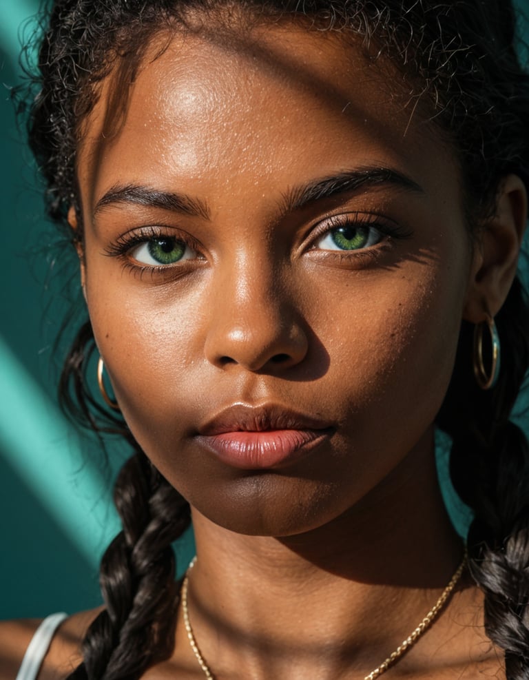 A brown skinned woman with green eyes