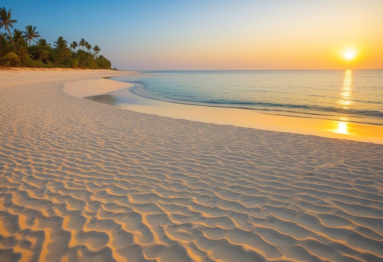 Sunset on the water illuminating white beach sand.