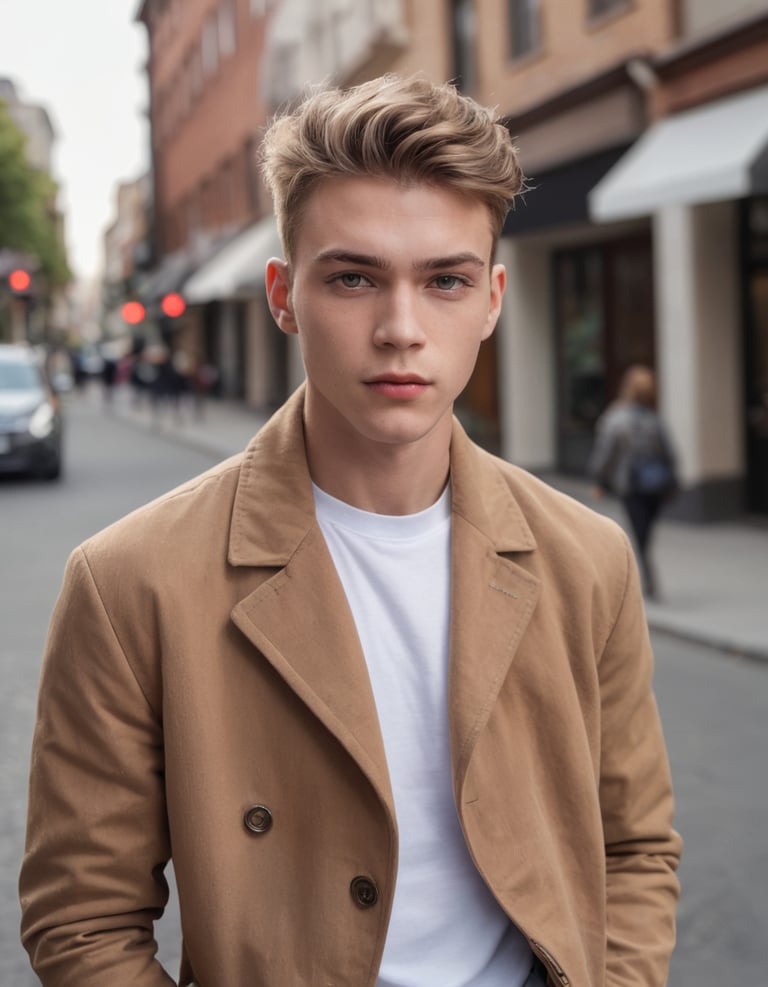 A young man wearing a beige velour jacket