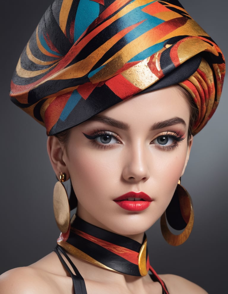 A woman wearing a fancy hat and makeup