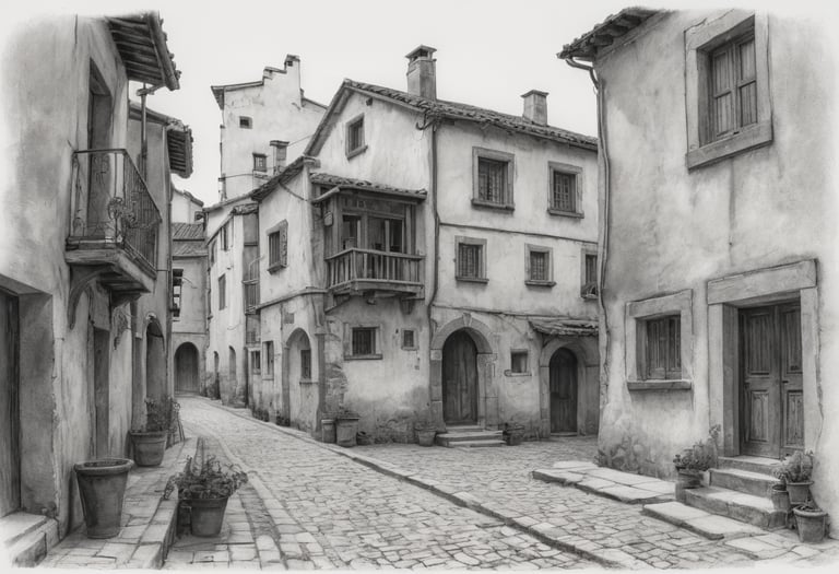 A pencil drawing of houses in a old town.