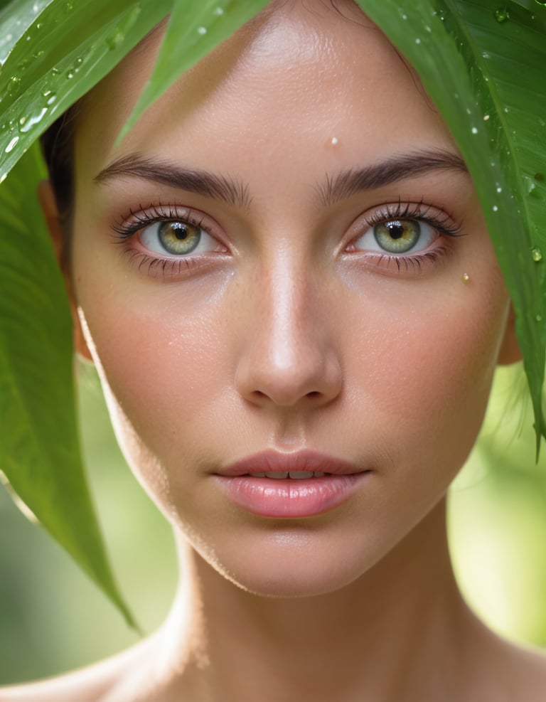A woman's face with green eyes and leaves on her head.