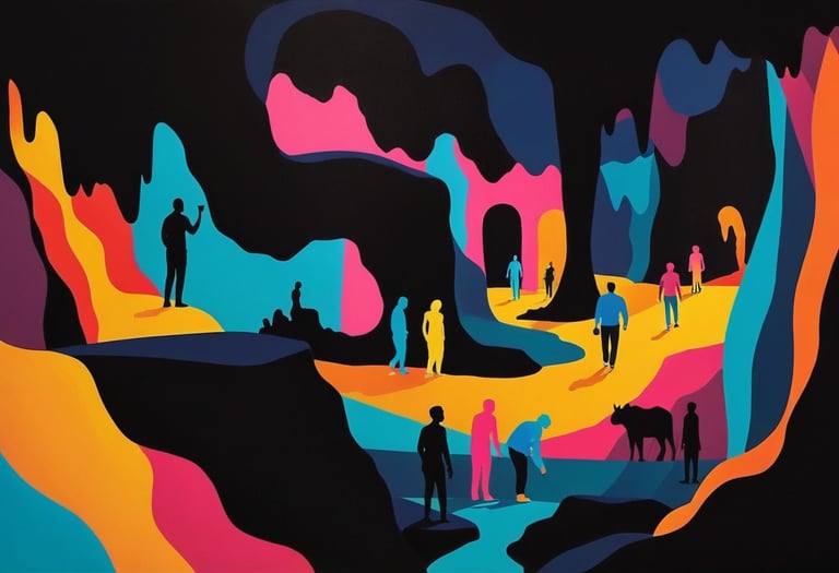 People walking and standing in caves.