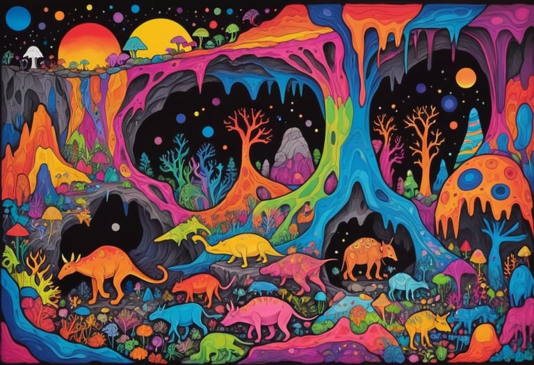 Dinosaurs in a colored forest and caves.