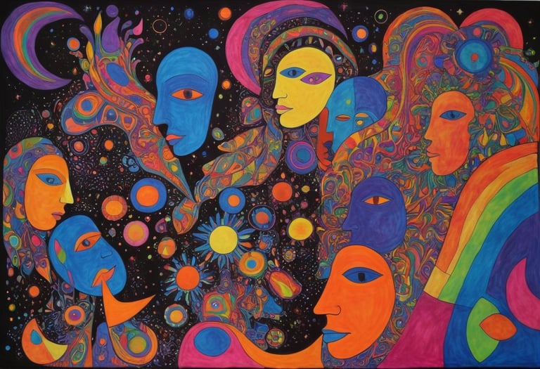 An abstract painting with faces and rainbow colors.