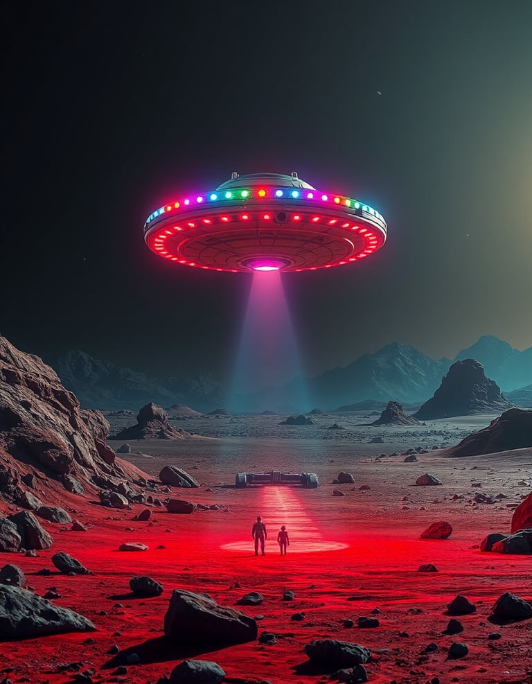 A spaceship with colored lights hovering above the ground