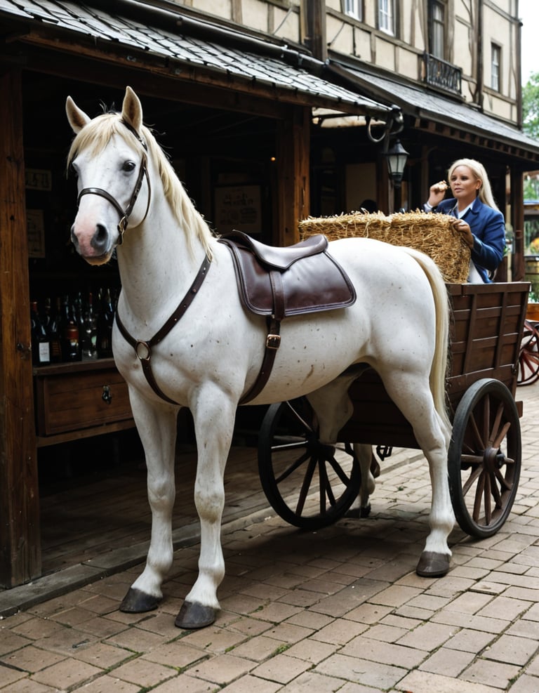 A white horse with three legs and a cart