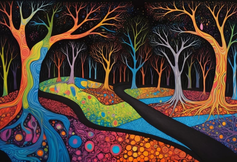 An abstract painting of blue and yellow trees with a path in between.