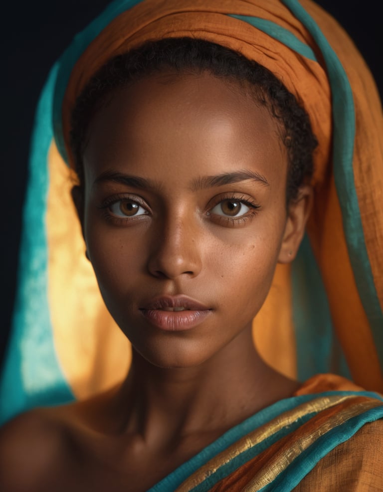 A dark skinned woman with a colored head robe