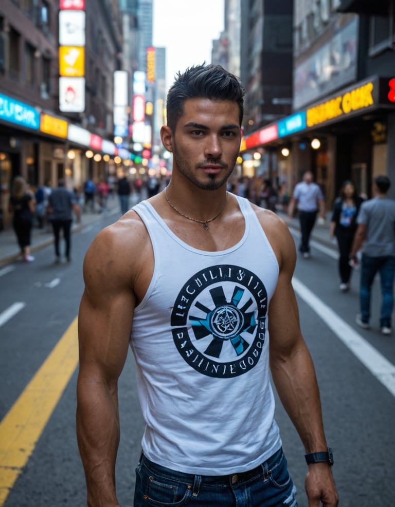 A man wearing a white t-shirt on a street