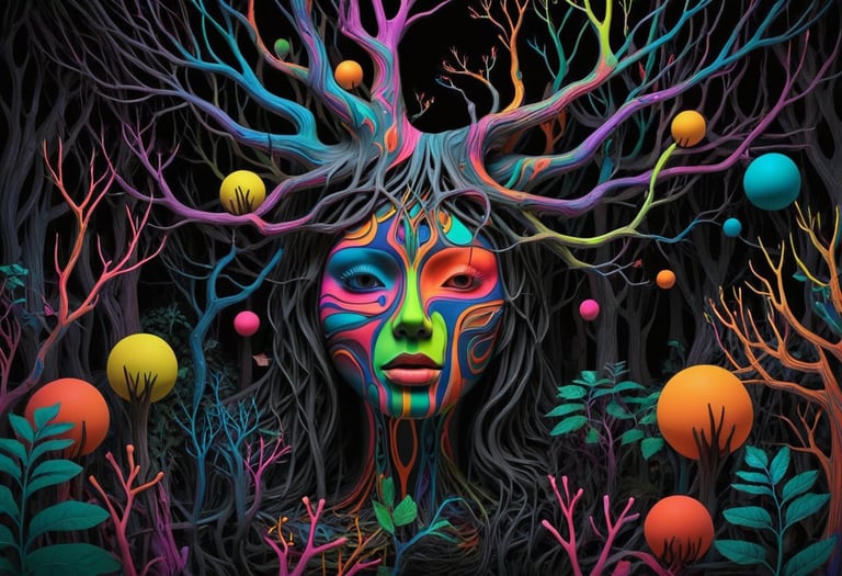 A colored face of a woman surrounded by tree roots and branches.