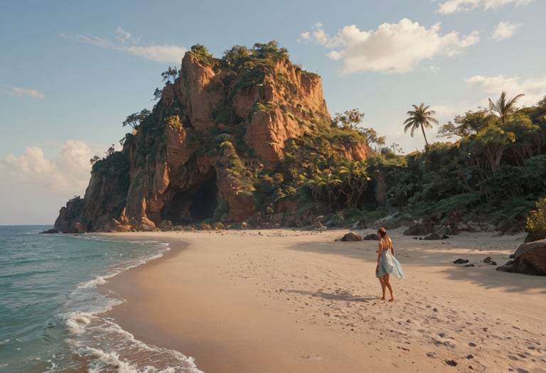 A big hill with tropical vegetation and a girl on the beach.