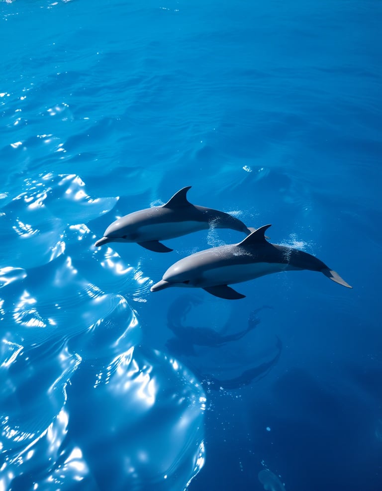 Two dolphins swimming on top of the ocean