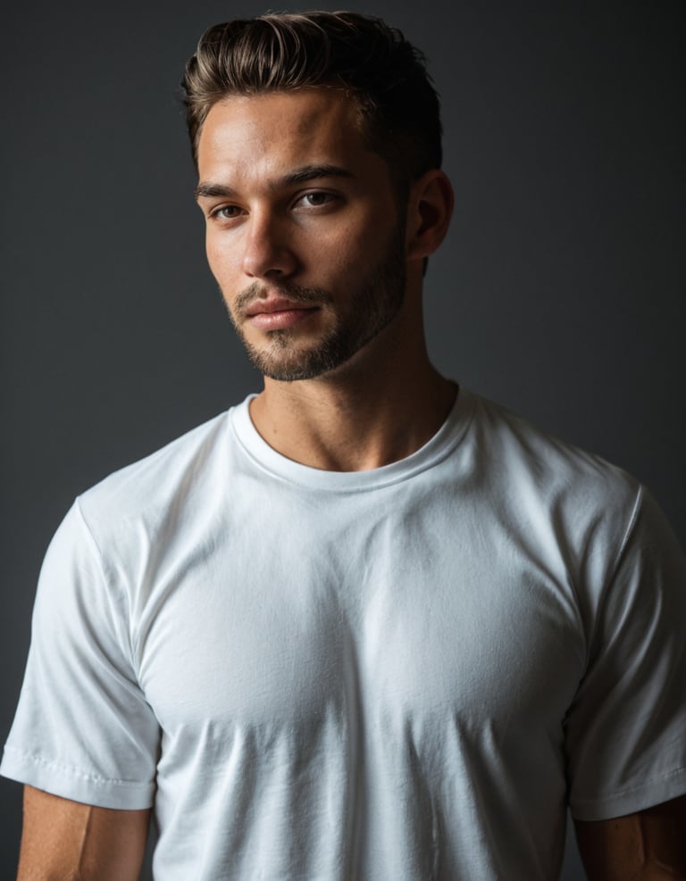A man wearing a white t-shirt