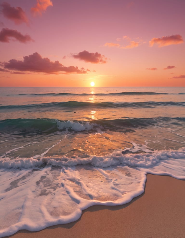 The sun setting on the ocean with shallow waves on the beach.
