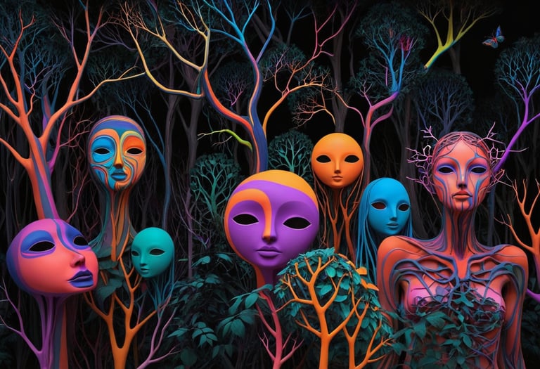 Colored faces inside a dark forest.