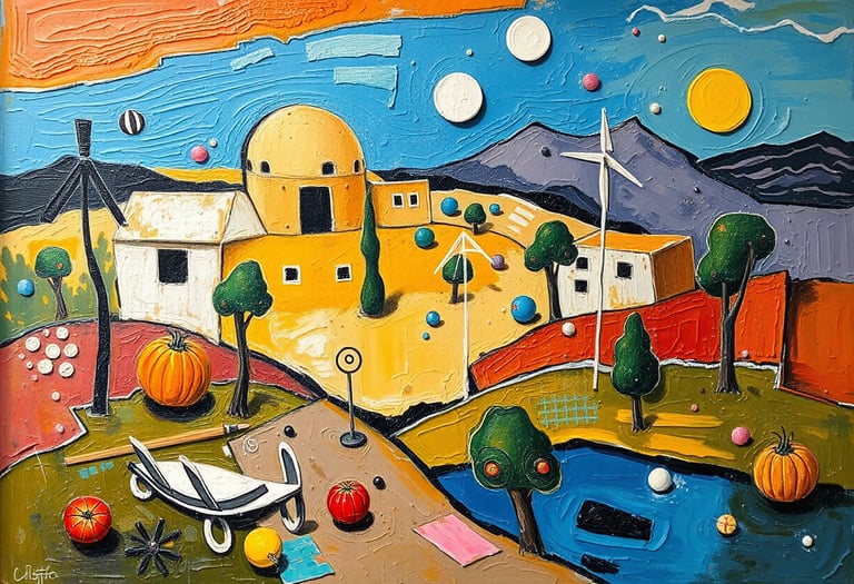 An abstract painting with houses and hills