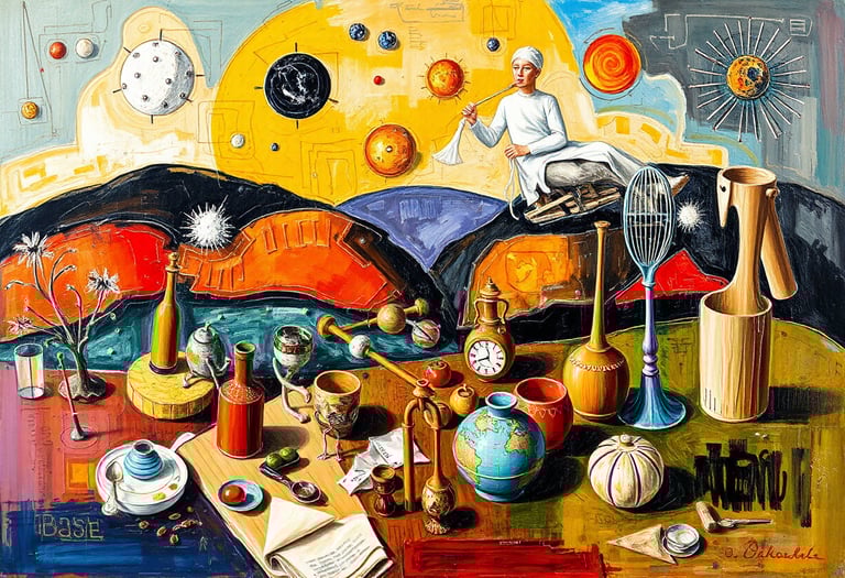 An abstract painting with objects and hilly landscape