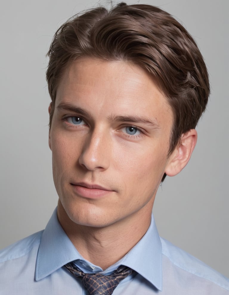 A close-up of a man with brown hair wearing a blue shirt and tie.