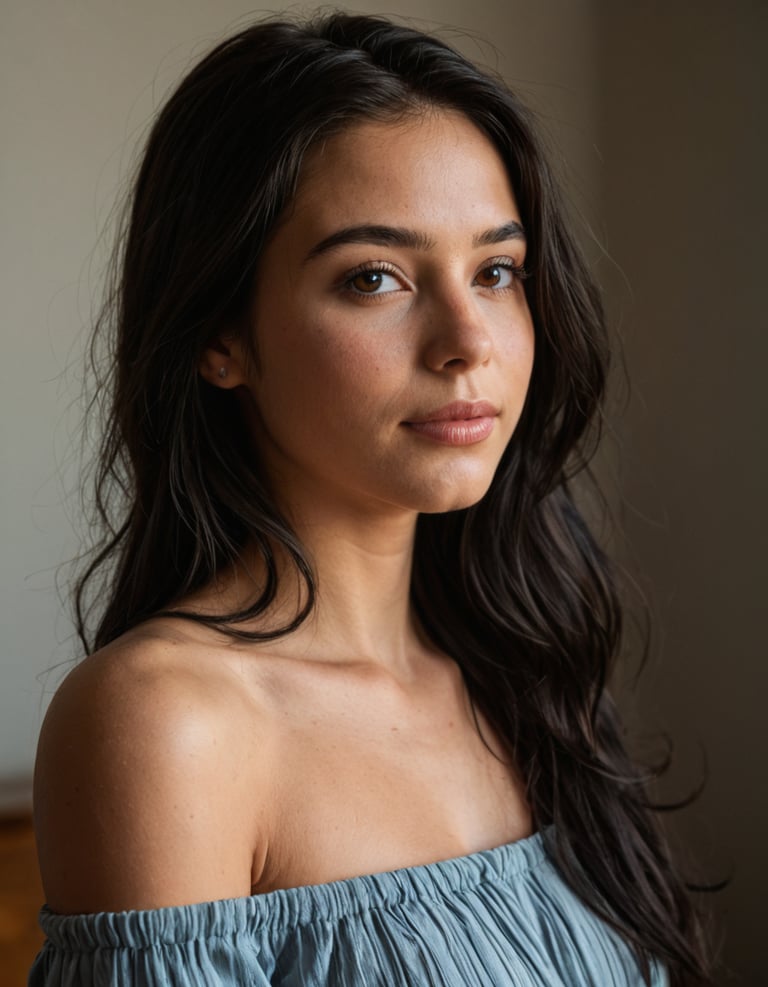 A woman with long black hair looking sideways