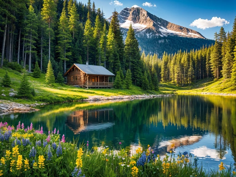 A log house next to a lake surrounded by forest