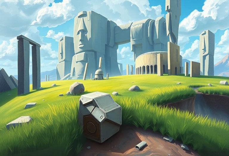A futuristic abstract painting with buildings and columns