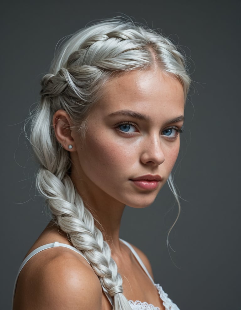 A woman with silver blond braided hair