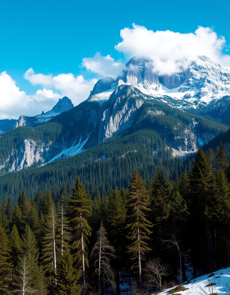 A distant view of mountains and snow