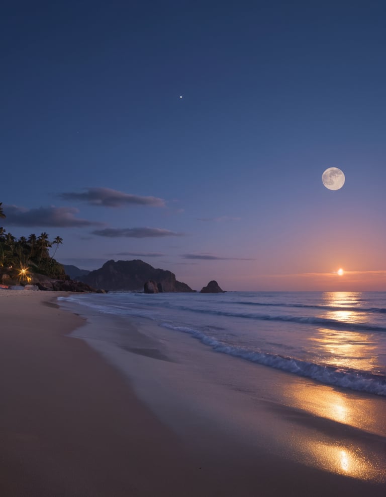 A moon in the sky above shallow waves on the beach.