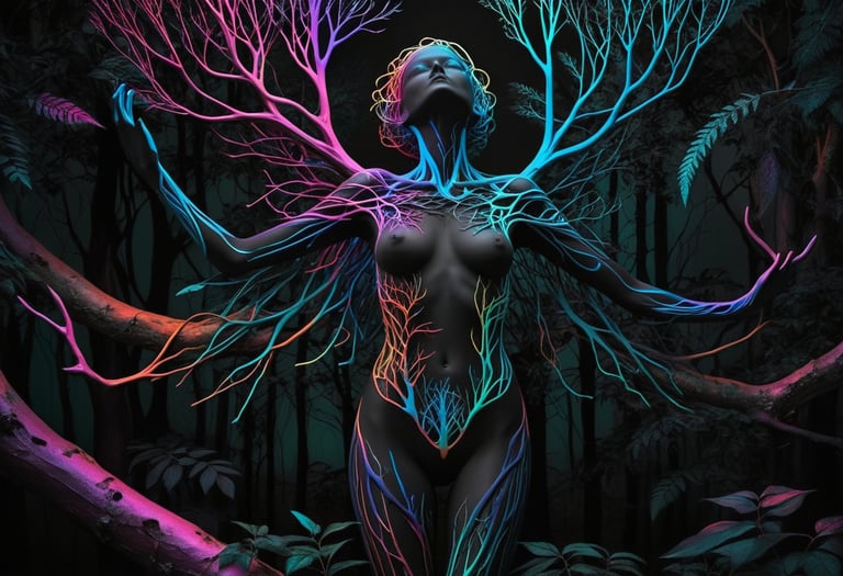 An abstract image depicting a female encompassed in tree branches.