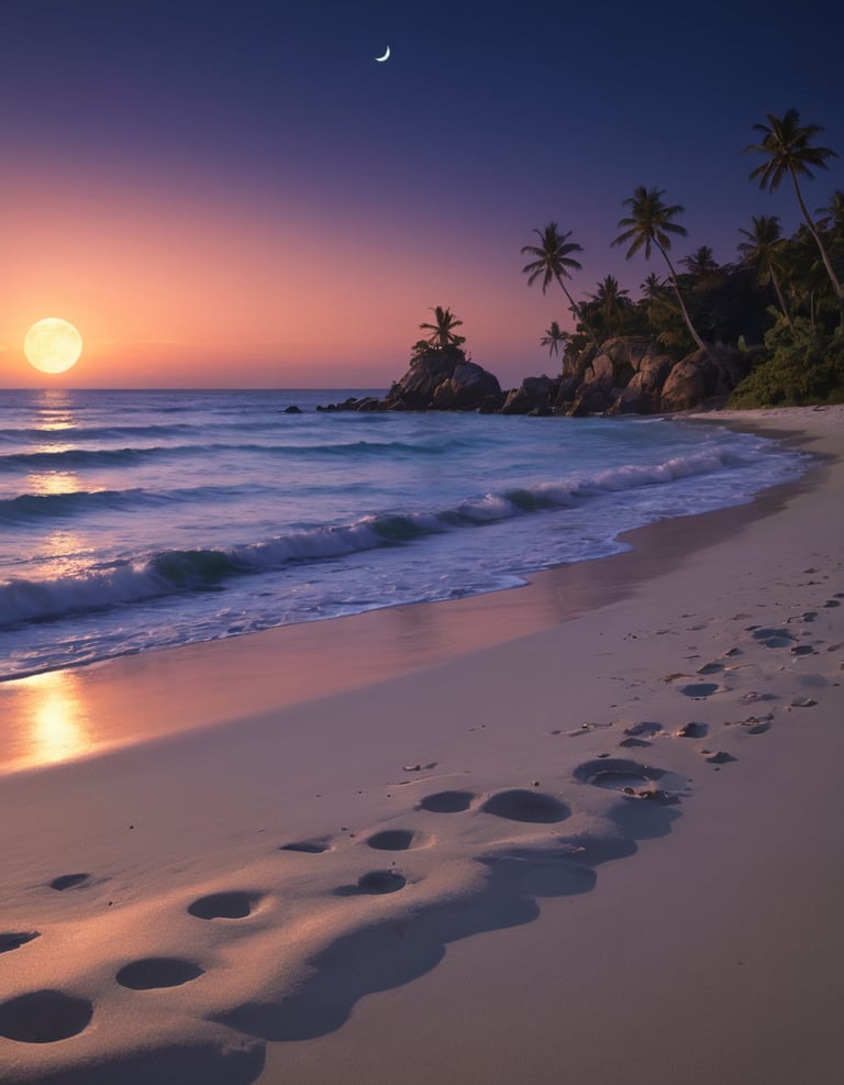 The sun setting on the horizon at the beach.